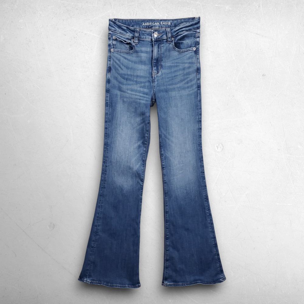 American Eagle Super Hi-Rise Flare Jeans Women 4 Blue Boho Retro 70s Indie Hip